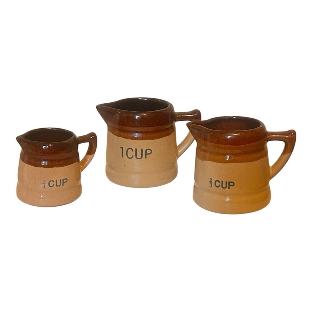 Vintage Stoneware Measuring Cups Two-tone Beige/Brown Glaze Set Of 3